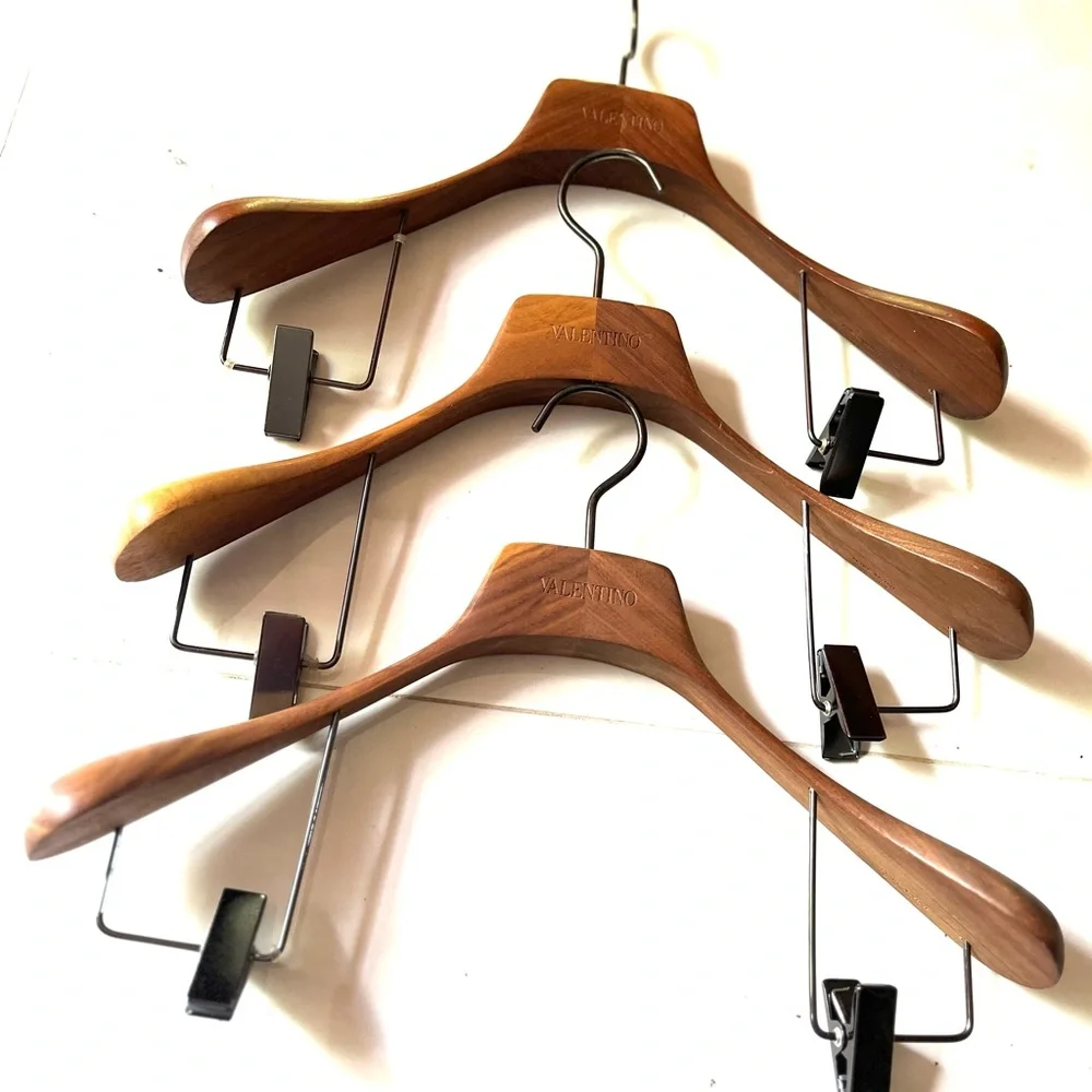 Valentino Brown Wooden Hangers with Metal Clips - Set of Three (3)